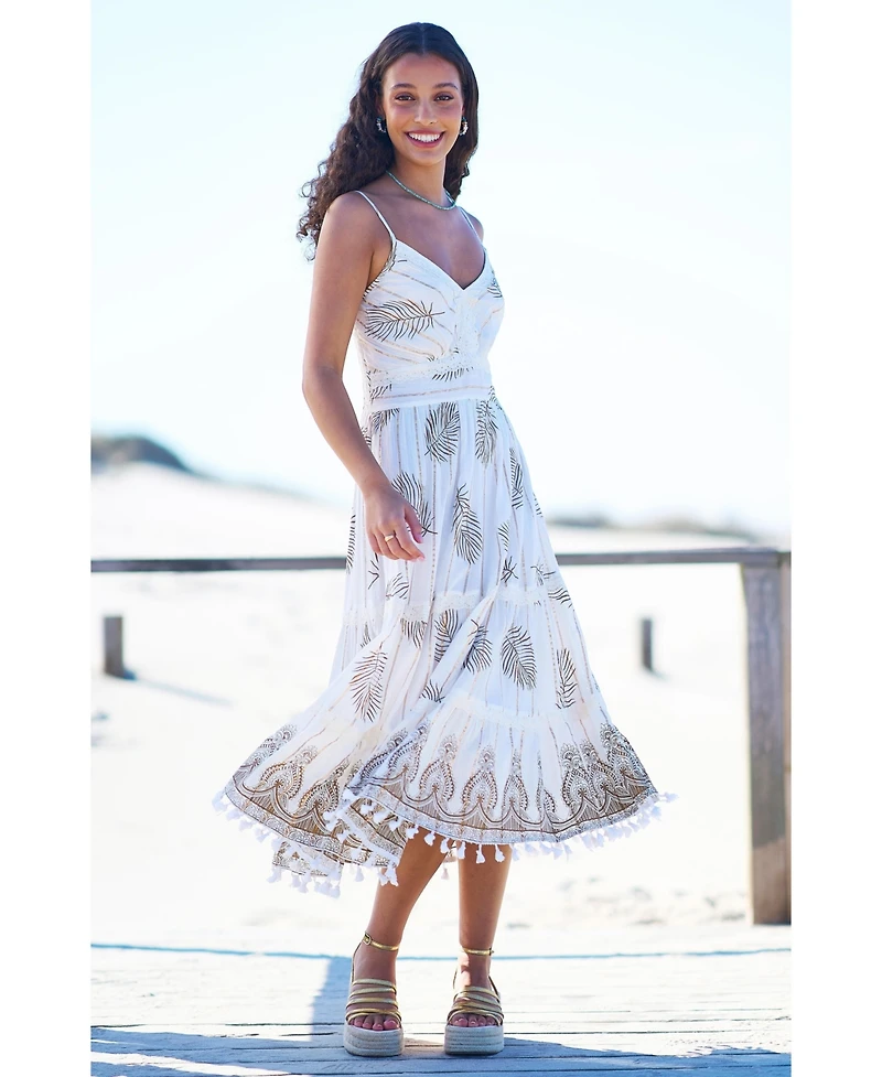 Yumi Women's Foil Print Lace Trim Midi Sun Dress