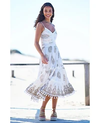 Yumi Women's Foil Print Lace Trim Midi Sun Dress