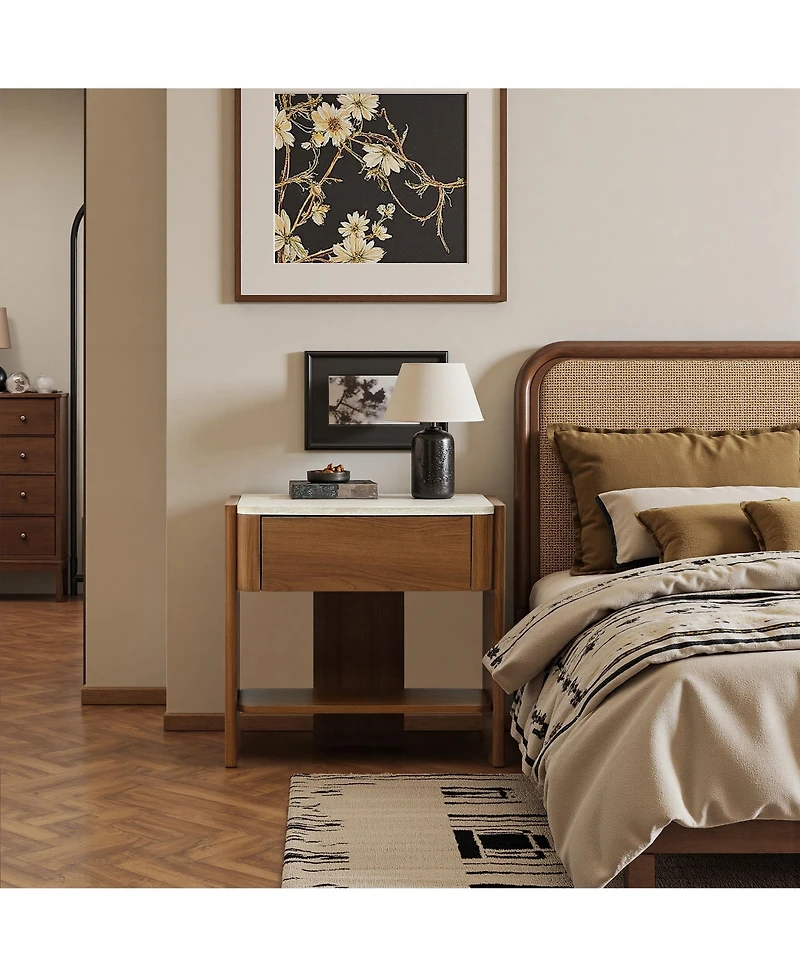 LuxenHome Faux Travertine Nightstand with Drawer and Open Shelf, Mdf Wood Accent Side Table