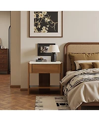 LuxenHome Faux Travertine Nightstand with Drawer and Open Shelf, Mdf Wood Accent Side Table