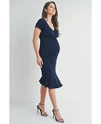Hello Miz Maternity V-Neck Empire Waist Short Sleeve Midi Dress with Ruffle Hem