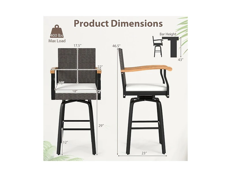 Slickblue Patio Swivel Bar Stool with Cushion and Acacia Wood Armrests