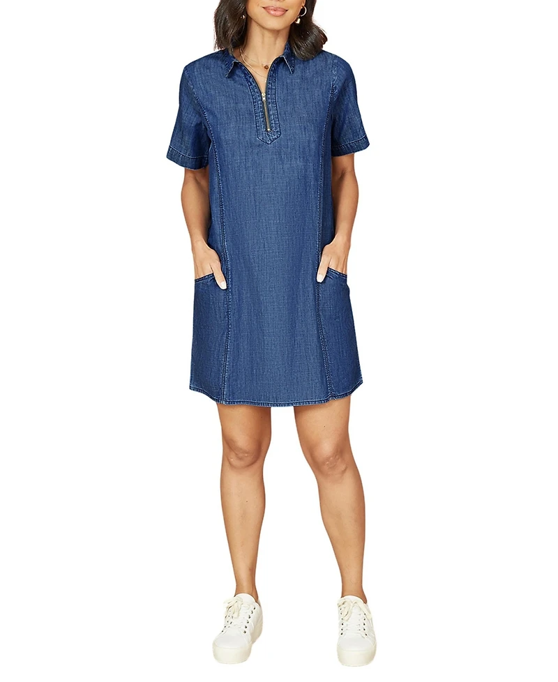 Yumi Women's Cotton Chambray Zip Neckline Dress