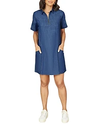Yumi Women's Cotton Chambray Zip Neckline Dress