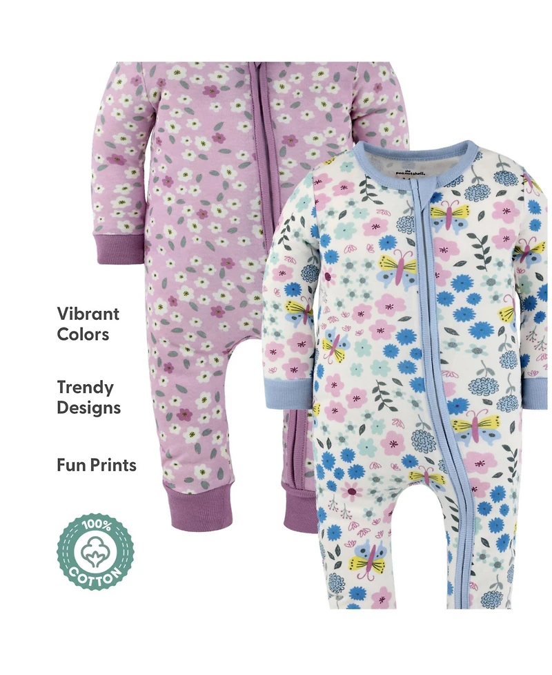 The Peanutshell Baby Girls Blissful Florals Cotton Footless Pajamas for Girls, 2 Pack