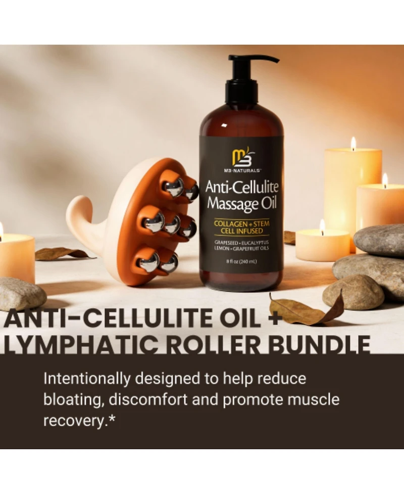 M3 Naturals Anti-Cellulite Massage Roller & Firming Body Massage Oil Bundle With Collagen & Stem Cell Cellulite roller for thighs & glutes Bundle