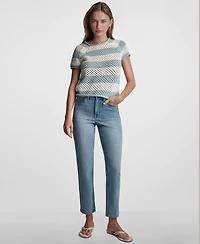 Dkny Jeans Petite Short-Sleeve Raglan Stripe Crewneck Pointelle Sweater