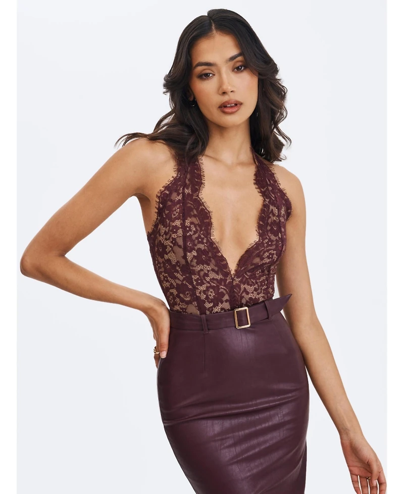 Miss Circle Women's Fiera Mahogany Plunging Halter Belted Midi Dress