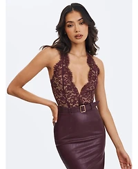 Miss Circle Women's Fiera Mahogany Plunging Halter Belted Midi Dress