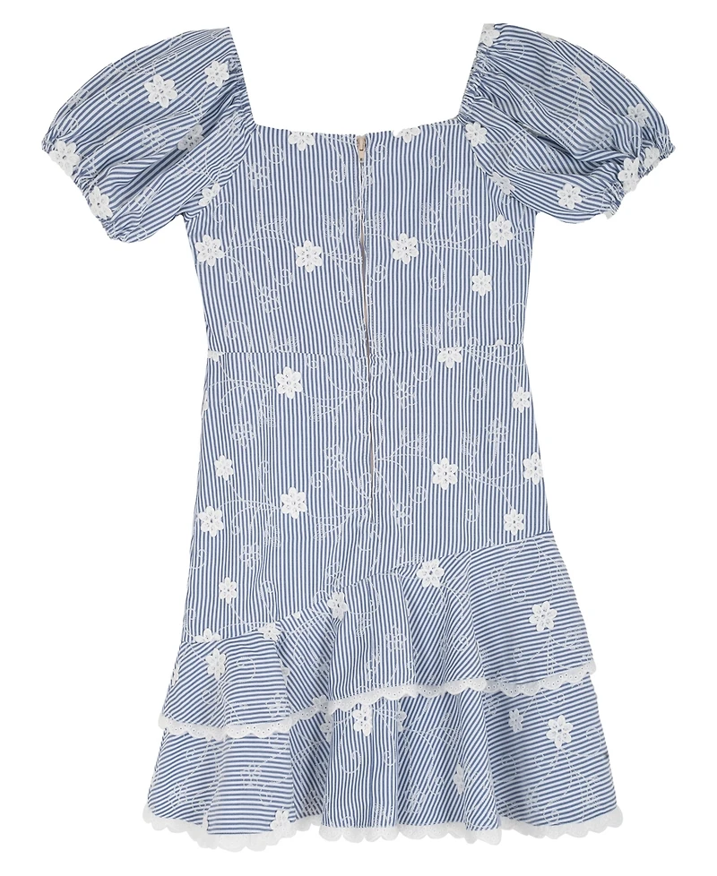 Rare Editions Big Girl 7-16 Striped Embroidered Puff Sleeve Ruffle Hem Dress