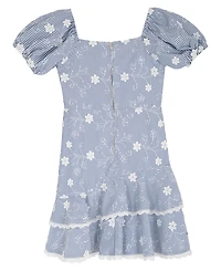 Rare Editions Big Girl 7-16 Striped Embroidered Puff Sleeve Ruffle Hem Dress