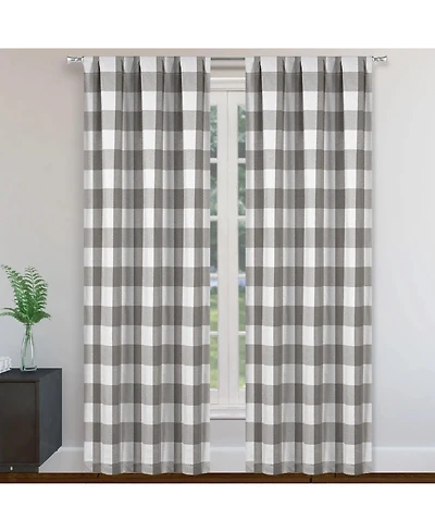 Kate Aurora 2 Piece Country Farmhouse Gray Buffalo Plaid Pleated Rod Pocket Window Curtain Panels