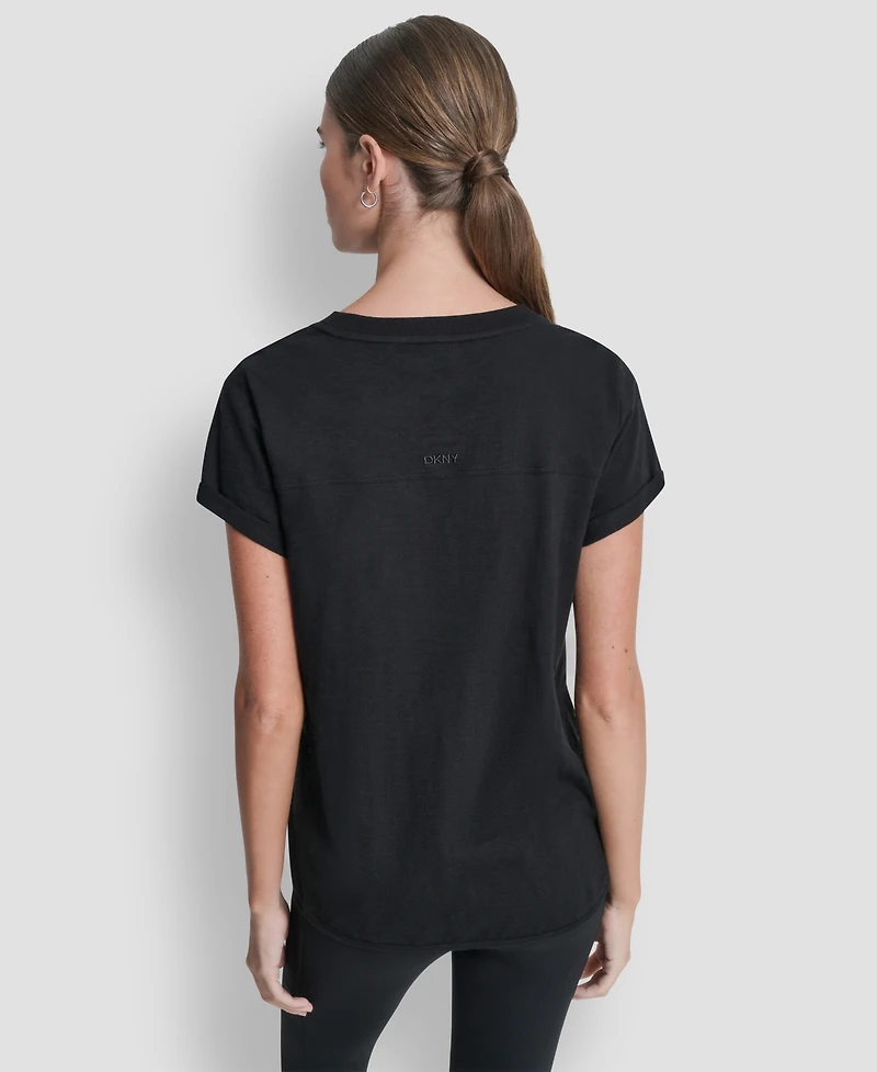 Dkny Sport Women's Embroidered Crewneck Logo Roll-Sleeve Top