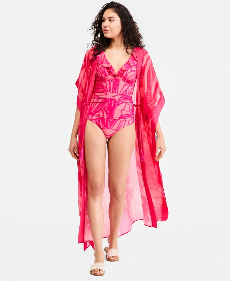 Dkny Ruffle Plunge Underwire Tummy Control One-Piece Swimsuit, Created for Macy's