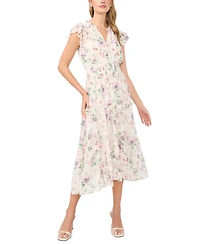 CeCe Women's Flutter-Sleeve Smocked Waist Split-Tie Neck Tiered Maxi Dress