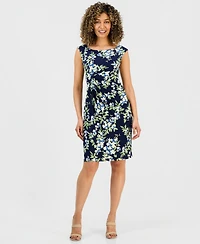Connected Petite Gathered Floral Print Sheath Dress