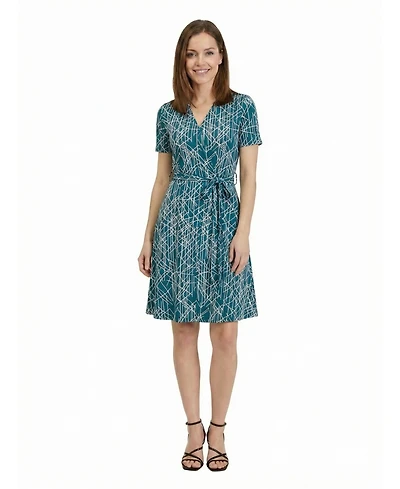 24seven Comfort Apparel Petite Geometric Print V-Neck Tie Waist Dress