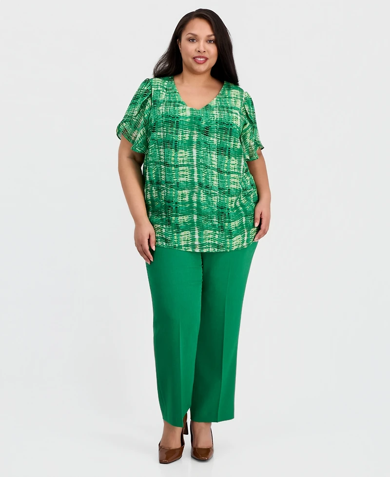 Kasper Plus V-Neck Tulip-Sleeve Top