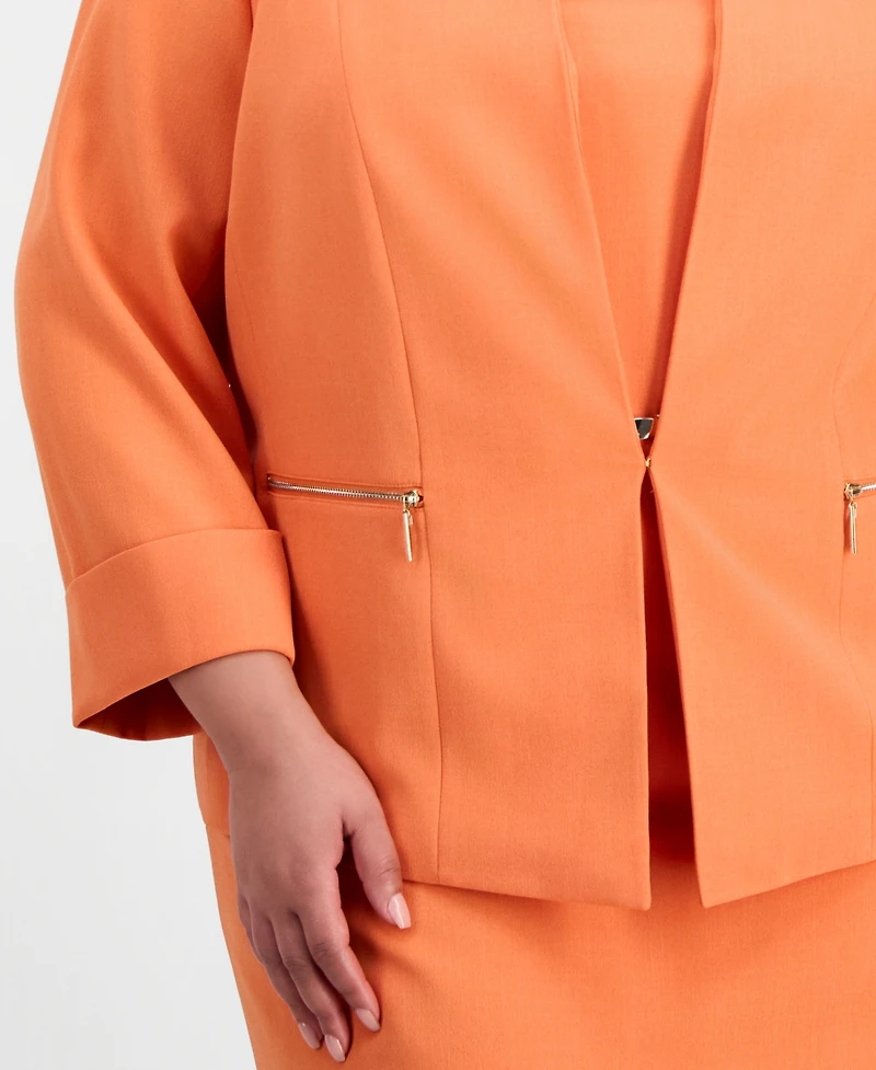 Kasper Plus Collarless Open-Front Zip-Pocket Jacket