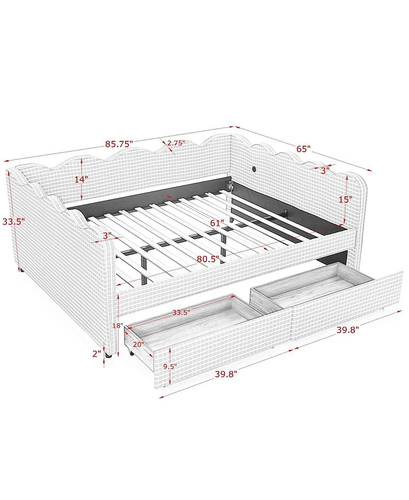 Streamdale Furniture Wood Gingham Wave Shape Daybed with Usb Port & 2 Storage Drawers