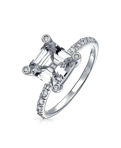 Bling Jewelry Art Deco Style 3CT Cz Square Asscher Princess-Cut Solitaire Promise Ring With 1MM Thin Pave Band .925 Sterling Silver