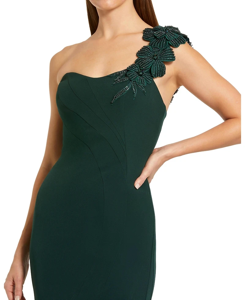Mac Duggal Women's Crepe One Shoulder Beaded Flower Mermaid Gown