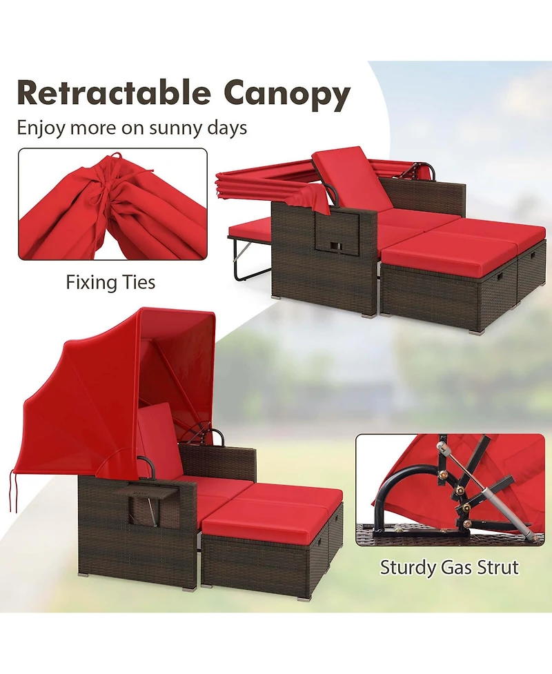 Gymax Rattan Daybed w/ Adjustable Backrests and Retractable Canopy for Patio