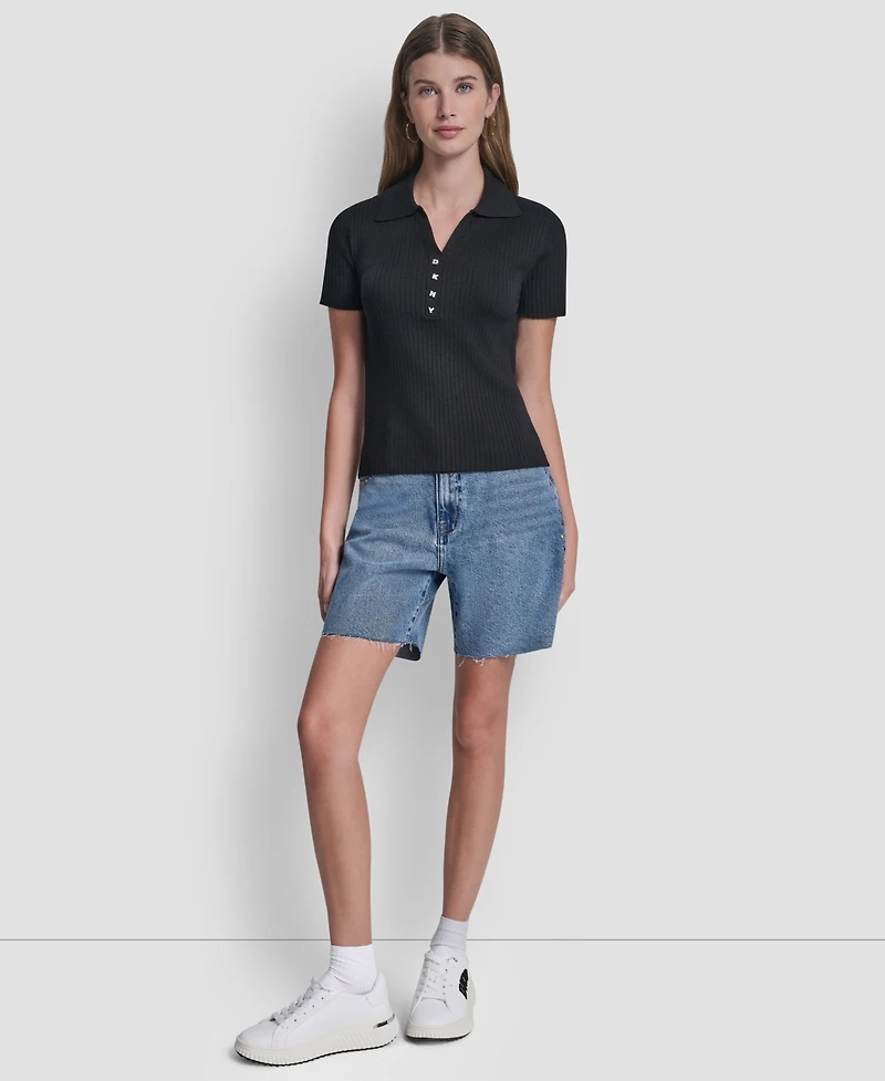 Dkny Jeans Women's Short-Sleeve Rib Collared Polo Top