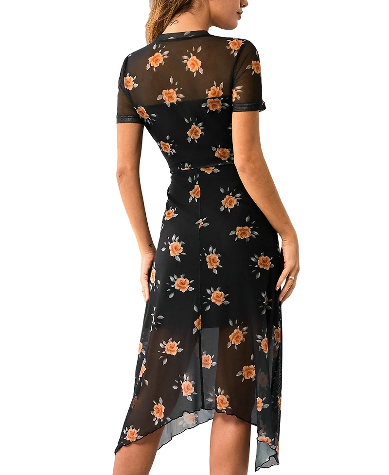 Cupshe Women's Crewneck Short Sleeve Mesh Asymmetrical Midi Dress