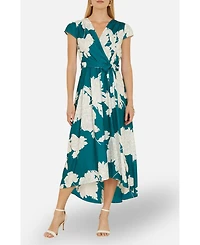 Yumi Women's Blossom Print Dipped Hem Wrap Midi Dress