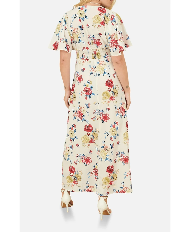 Yumi Women's Ruched Waist V-Neck Midi Dress