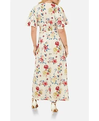 Yumi Women's Ruched Waist V-Neck Midi Dress