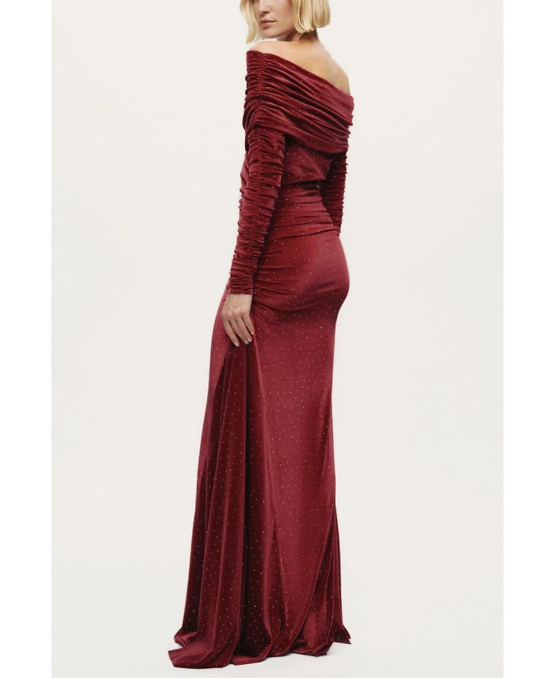 Nocturne Women's Off-Shoulder Velvet Maxi Dress with Rhinestone Detail