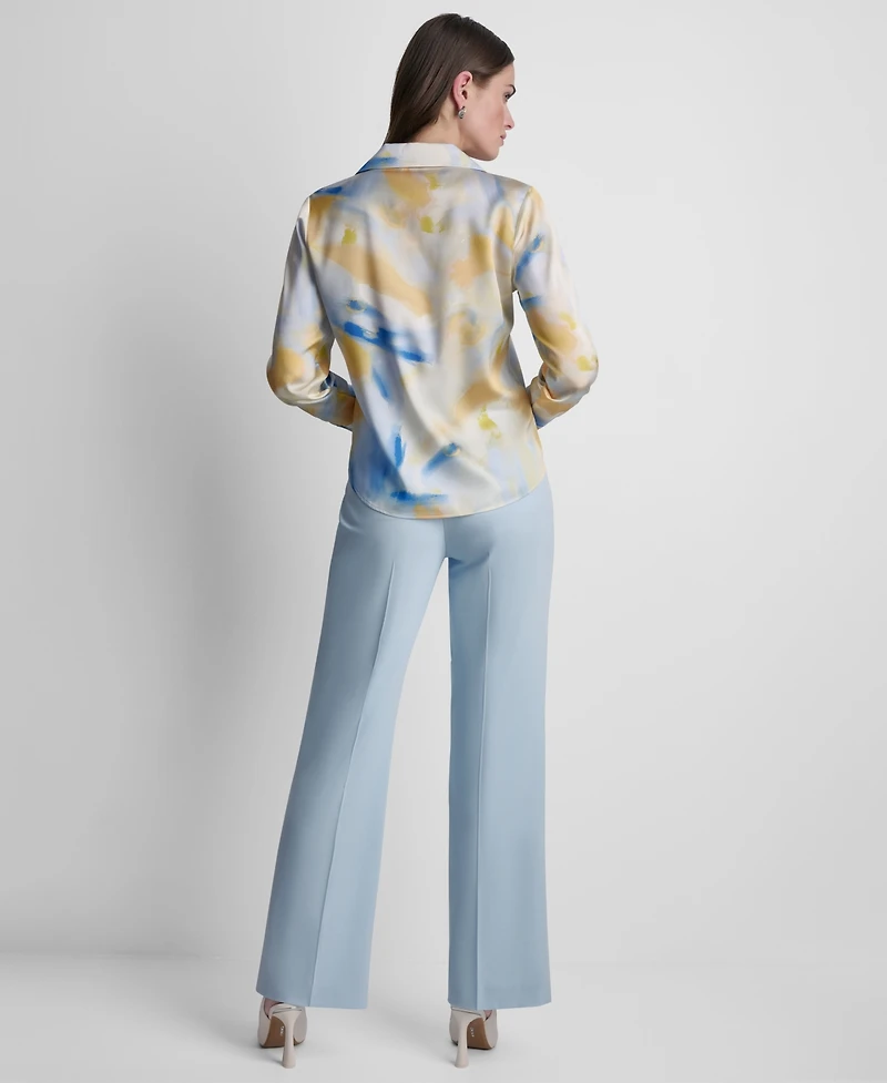 Dkny Women's Printed Long-Sleeve Covered Placket Top