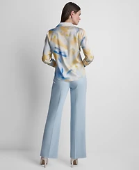 Dkny Women's Printed Long-Sleeve Covered Placket Top