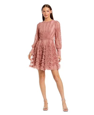 Mac Duggal Women's Ruffle Lace Up Back Long Sleeve Mini Dress