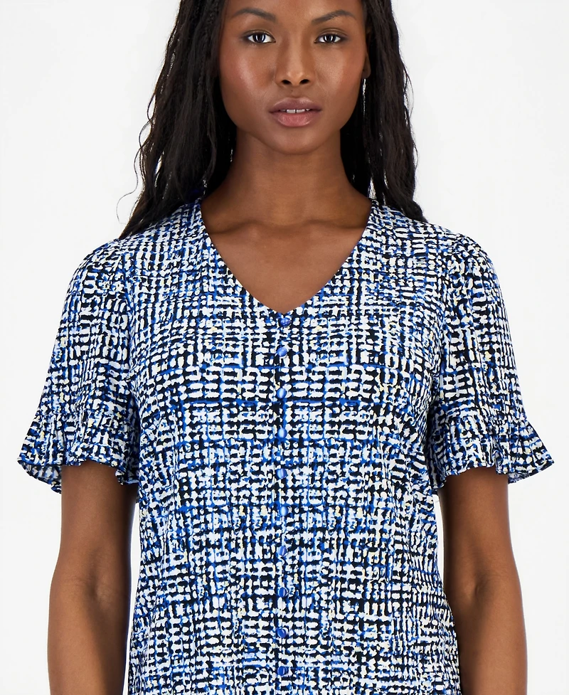 Anne Klein Essentials Petite Printed Ruffle-Sleeve Top