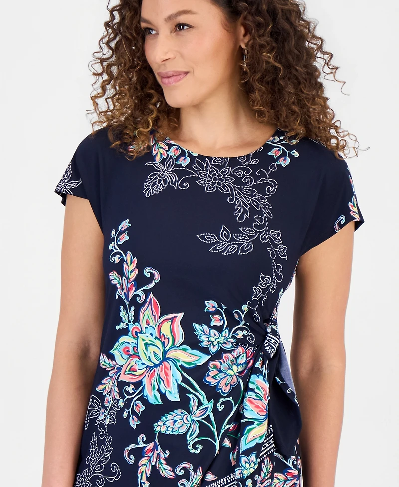 Robbie Bee Petite Printed Faux-Sarong Short-Sleeve Dress