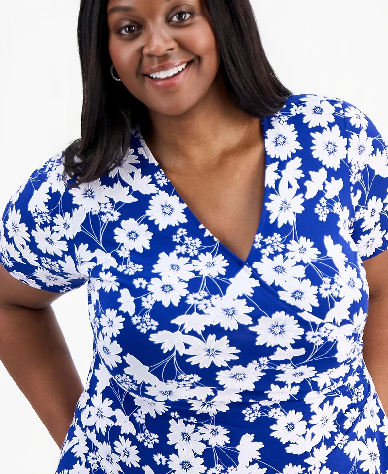 Robbie Bee Plus Printed Faux-Wrap Asymmetric-Tier Dress