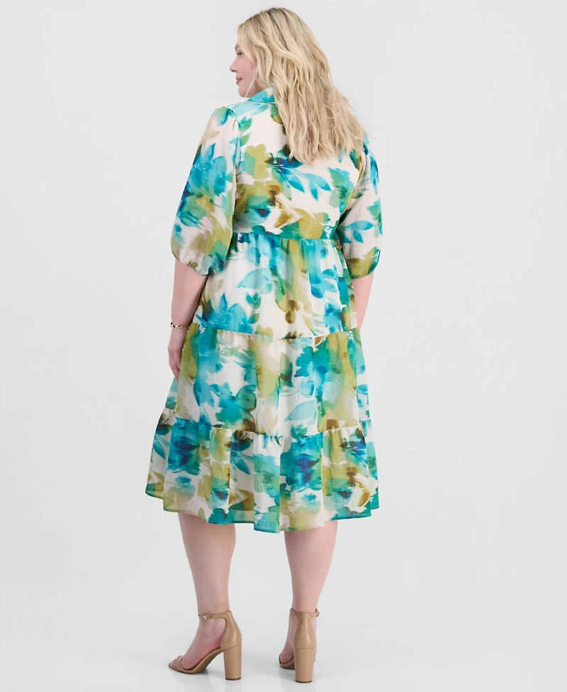 Sandra Darren Plus Linen Split-Neck Midi Dress