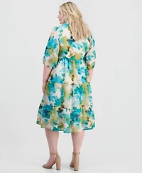 Sandra Darren Plus Linen Split-Neck Midi Dress