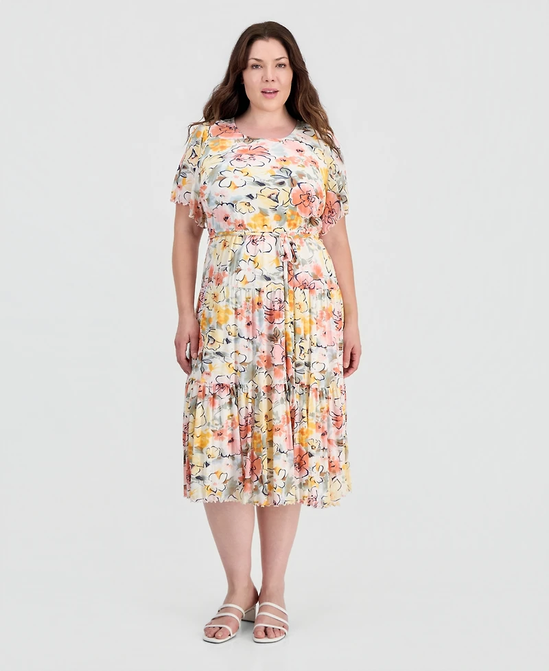 Sandra Darren Plus Tiered Flutter-Sleeve Dress