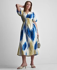 Dkny Women's Printed V-Neck Smocked Midi Dress