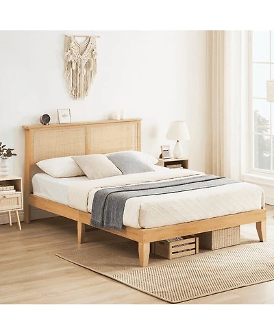 Gaomon Boho Bed Frame, Rattan Headboard Bed Frame With Led Lights, Noise-Free Platform Light Wood Bed Frame