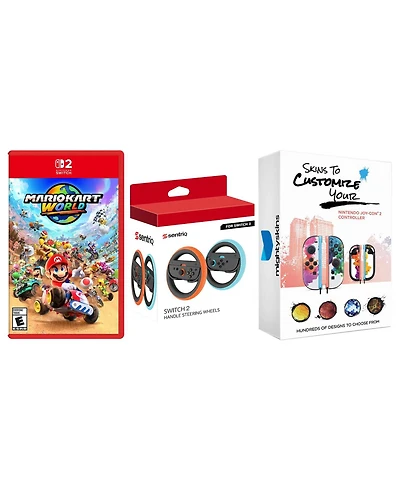 Nintendo Mario Kart World for Switch 2 and Sentriq Steering Wheel Set with MightySkins Joy-Con Controller Skin Code Bundle