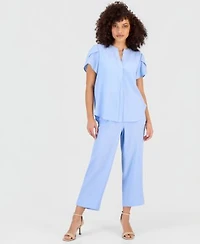 Anne Klein Essentials Petite Textured Tulip Sleeve Top Textured High Rise Pull On Pants