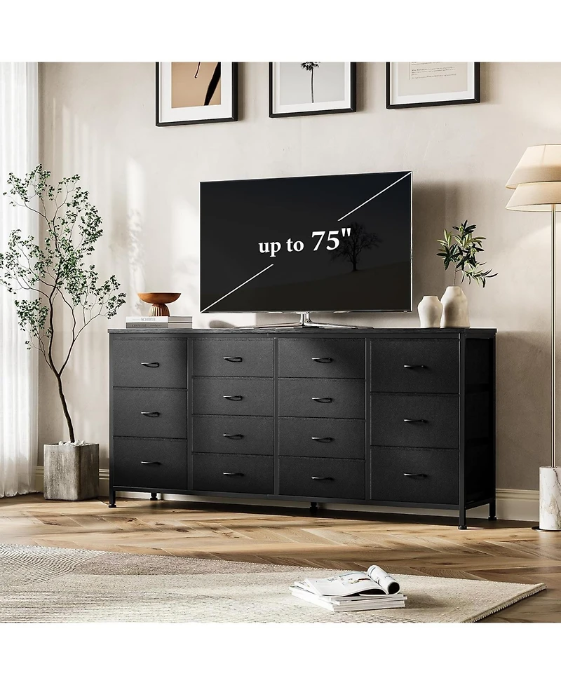gaomon 63" W Long Fabric Dresser Tv Stand with 14 Drawers and Power Outlets, for 65–75 Inch TVs