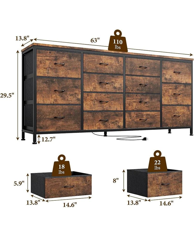 gaomon 63" W Long Fabric Dresser Tv Stand with 14 Drawers and Power Outlets, for 65–75 Inch TVs