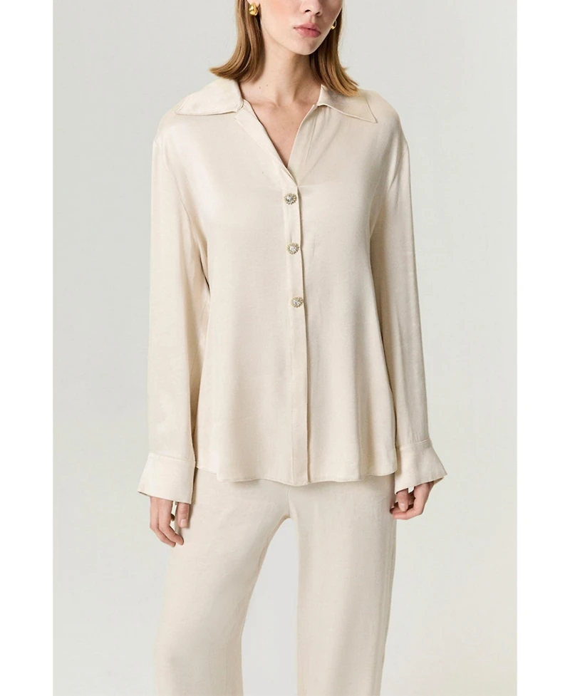 Nocturne Women's Belted Shirt with Statement Buttons