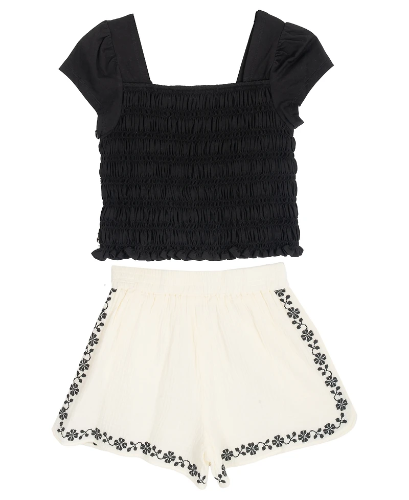 Tween Diva Girls' 7-16 Smocked Top and Embroidered Gauze Shorts, 2-Piece Set